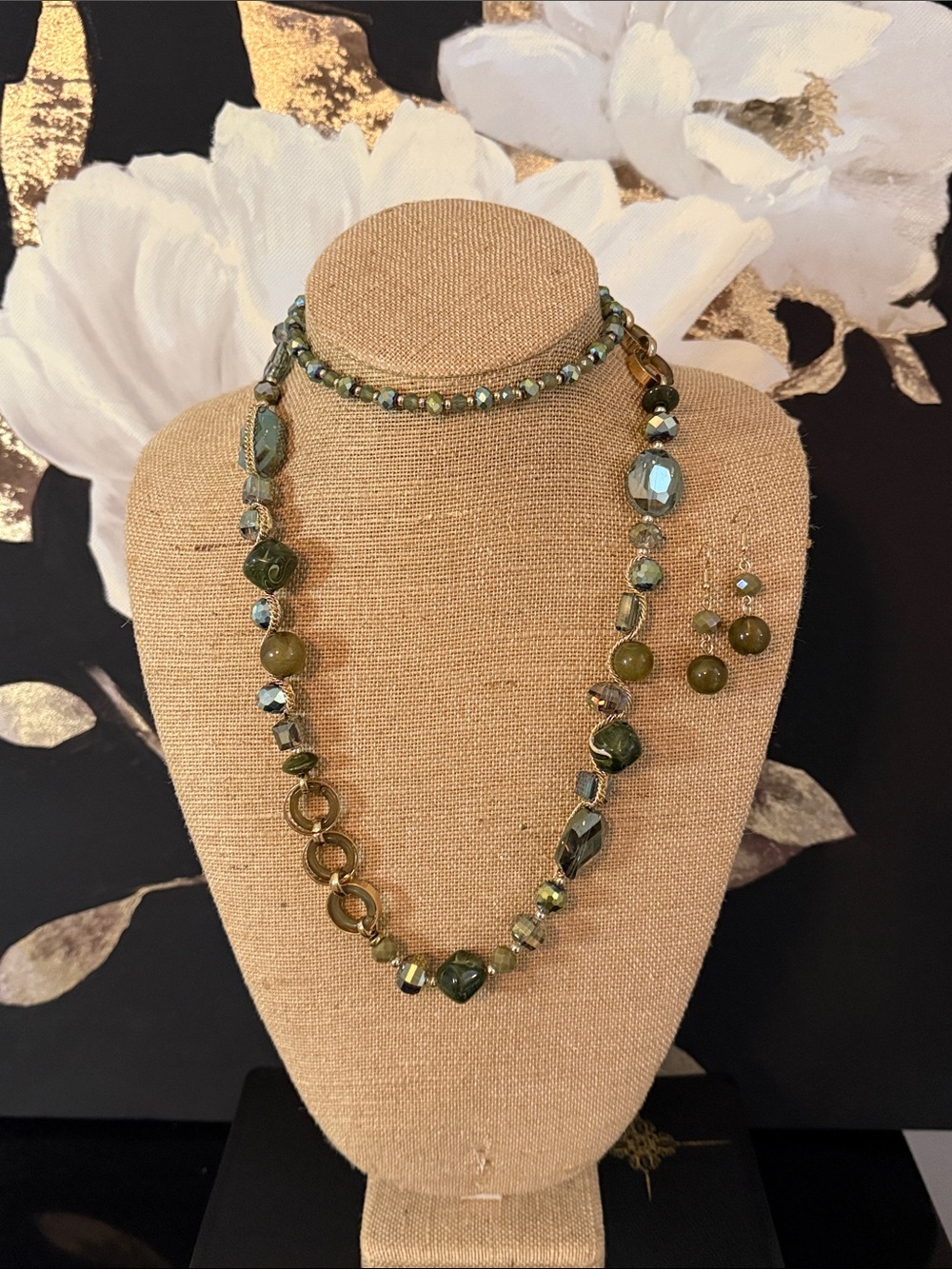 Long Green Beaded Necklace and Earring Set - Women Jewelry